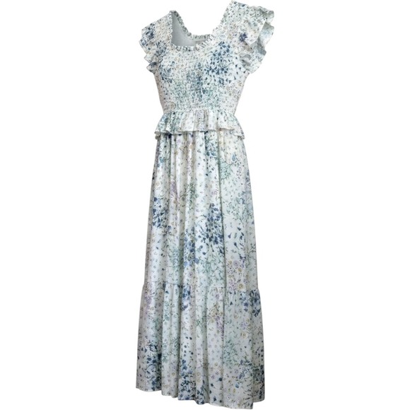 By The River Dresses & Skirts - By River Floral Smocked Midi Dress Blue White Ruffle Small Cottage Boho Fairy